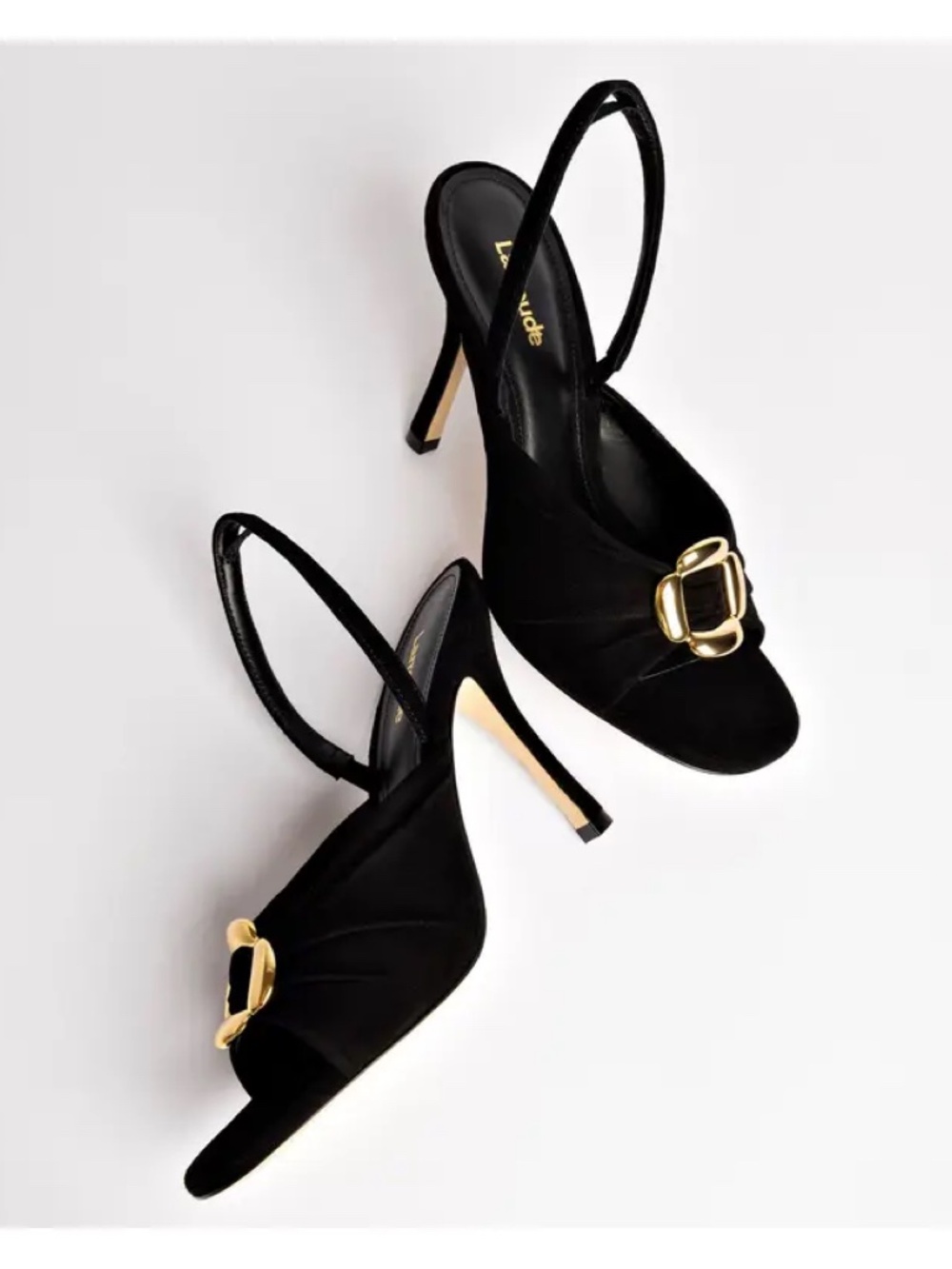 New Larroude Mayfair Slingback Sandal In Black Suede Sz 7.5